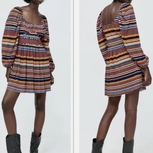 ZARA Chocolate Brown Printed Corset Top Pleated Mini Dress.